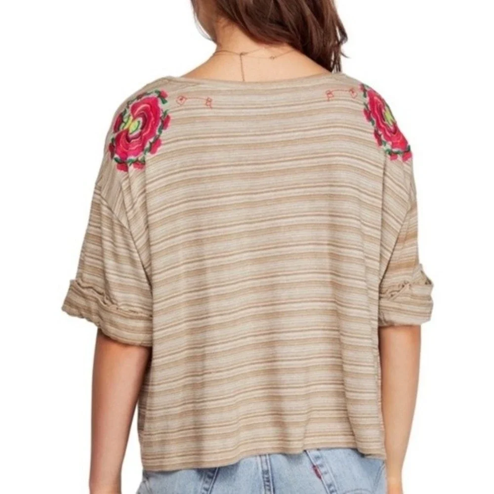 Free People Striped Top with Floral Embroidery - Picture 3 of 5